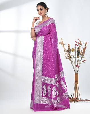 purple georgette saree with silver border and detailing 2
