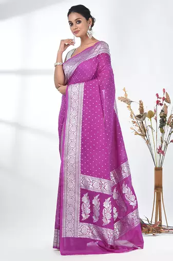 purple georgette saree with silver border and detailing