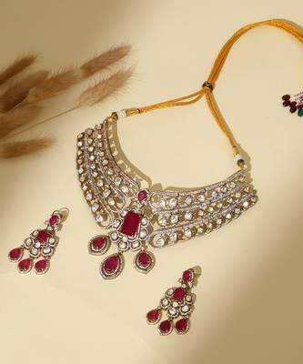 Gold plated kundan red stones necklace set 1