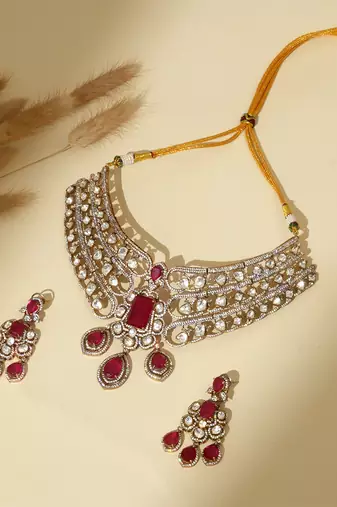 Gold plated kundan red stones necklace set