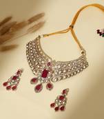 Gold plated kundan red stones necklace set