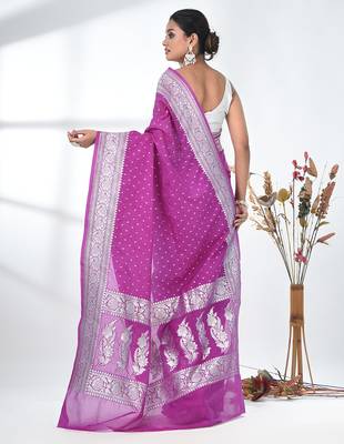 purple georgette saree with silver border and detailing 3