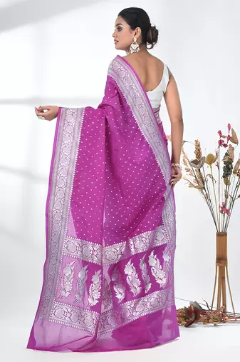 purple georgette saree with silver border and detailing