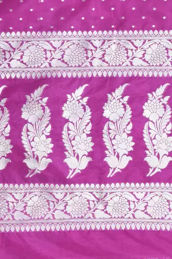 purple georgette saree with silver border and detailing