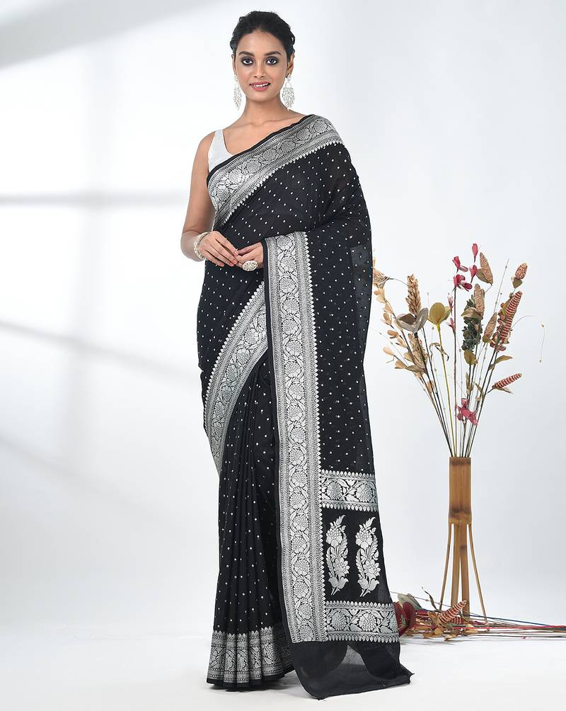 black georgette saree with silver border and detailing