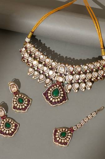 Gold plated kundan multicolor stones choker necklace set