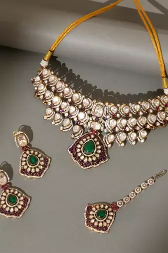 Gold plated kundan multicolor stones choker necklace set