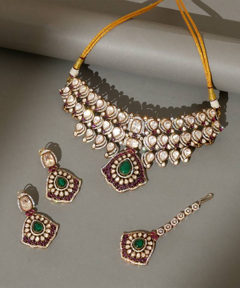 Gold plated kundan multicolor stones choker necklace set