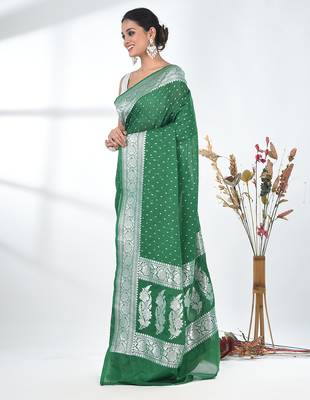 green georgette saree with silver border and detailing 2