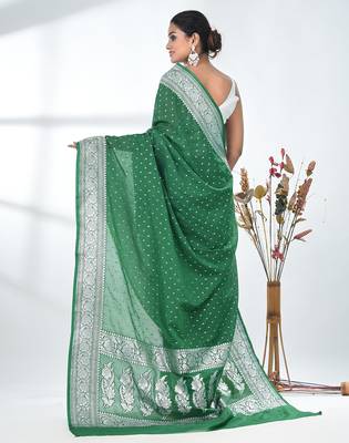 green georgette saree with silver border and detailing 3