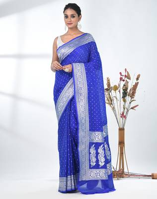 blue georgette saree with silver border and detailing 1