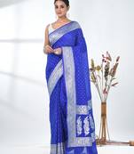 blue georgette saree with silver border and detailing