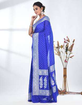 blue georgette saree with silver border and detailing 2