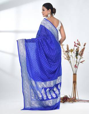 blue georgette saree with silver border and detailing 3
