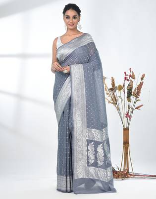 grey georgette saree with silver border and detailing 1