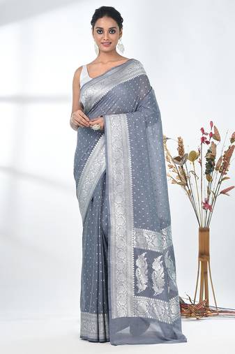 grey georgette saree with silver border and detailing