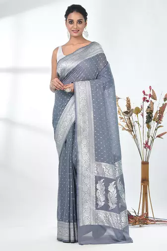 grey georgette saree with silver border and detailing