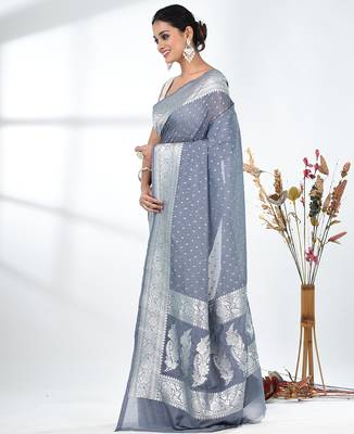 grey georgette saree with silver border and detailing 2