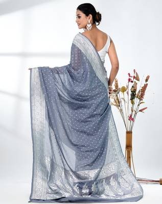 grey georgette saree with silver border and detailing 3