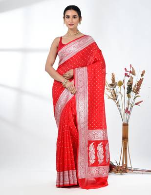 red georgette saree with silver border and detailing 1