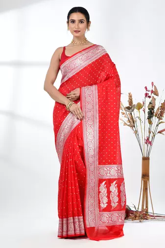 red georgette saree with silver border and detailing