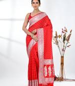 red georgette saree with silver border and detailing