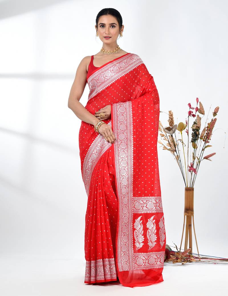 red georgette saree with silver border and detailing
