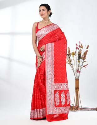 red georgette saree with silver border and detailing 2