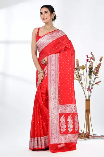 red georgette saree with silver border and detailing