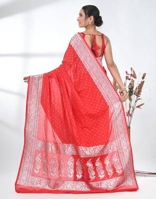 red georgette saree with silver border and detailing 3
