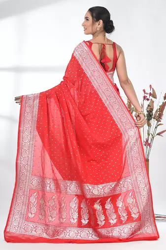red georgette saree with silver border and detailing