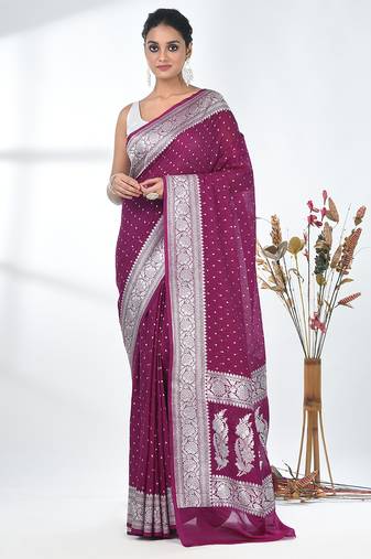 purple georgette saree with silver border and detailing