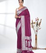 purple georgette saree with silver border and detailing