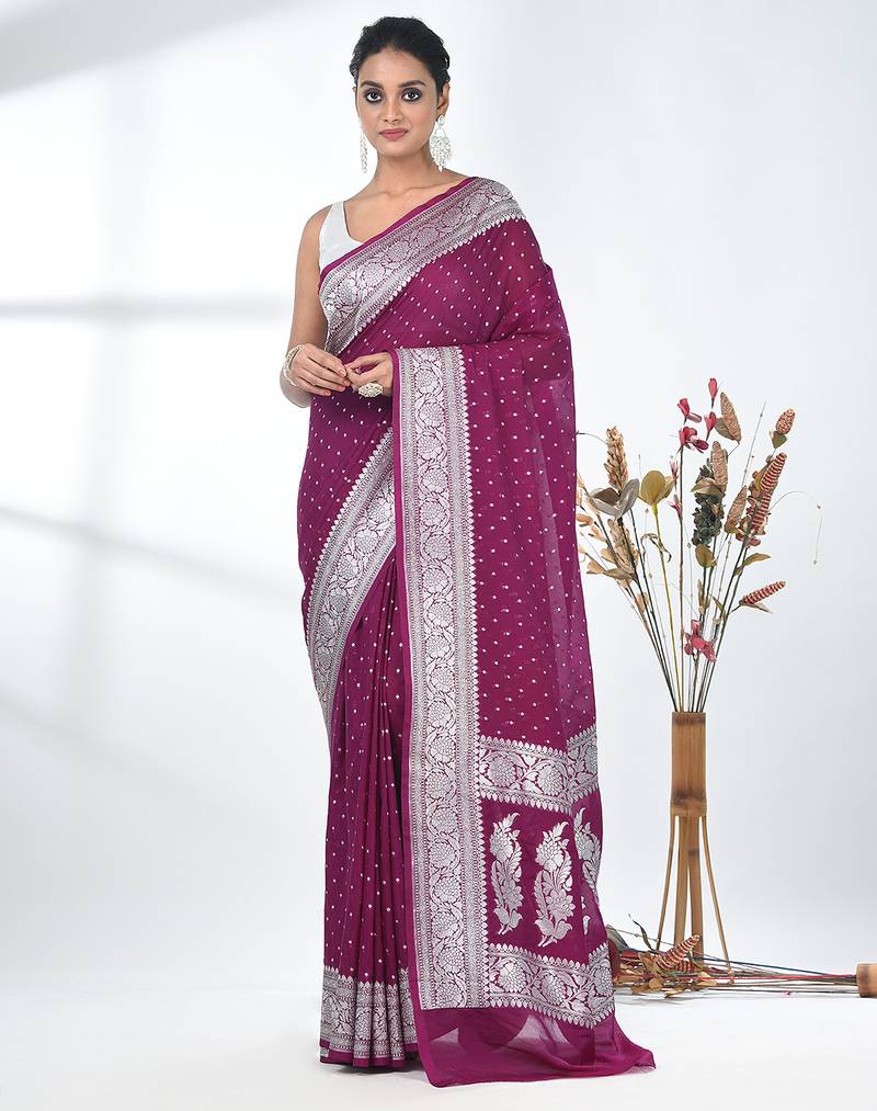purple georgette saree with silver border and detailing
