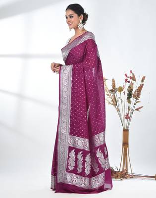 purple georgette saree with silver border and detailing 2