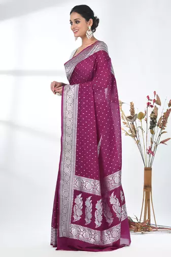 purple georgette saree with silver border and detailing