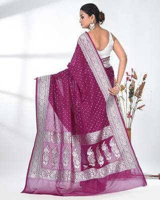 purple georgette saree with silver border and detailing 3
