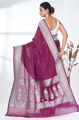 purple georgette saree with silver border and detailing