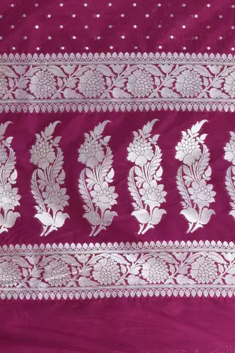 purple georgette saree with silver border and detailing