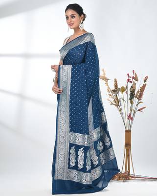 teal georgette saree with silver border and detailing 2