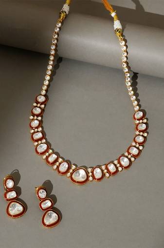 Gold plated kundan red enamel necklace set