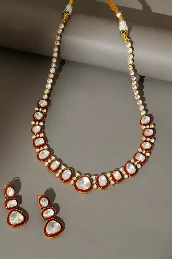 Gold plated kundan red enamel necklace set