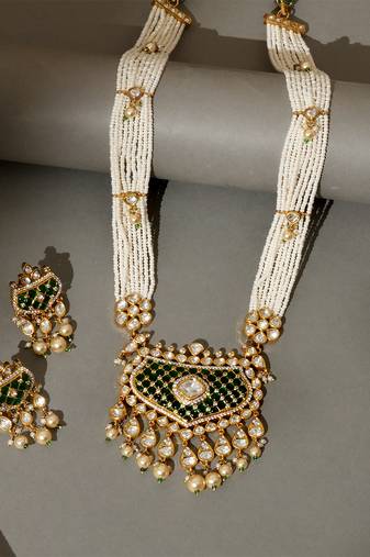 Gold plated kundan green stones necklace set