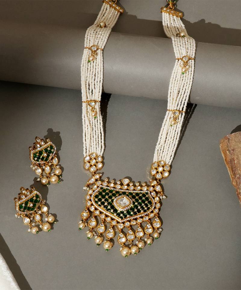Gold plated kundan green stones necklace set