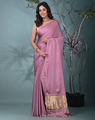 mauve modal silk blend saree with golden border and tassels 1