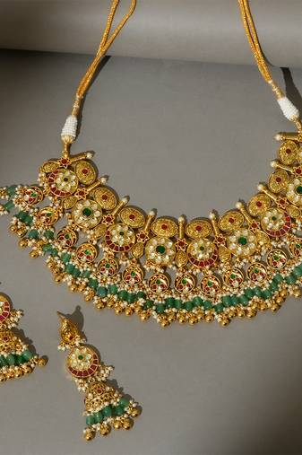 Gold plated kundan multicolor stones necklace set
