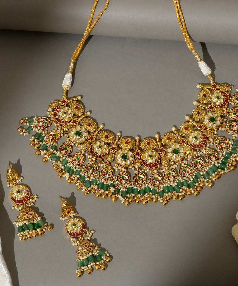 Gold plated kundan multicolor stones necklace set