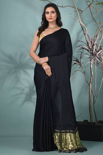 black modal silk blend saree with golden border and tassels