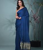 cobalt blue modal silk blend saree with golden border and tassels