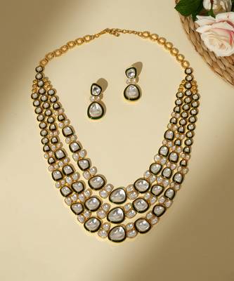 Gold plated kundan green enamel necklace set 1